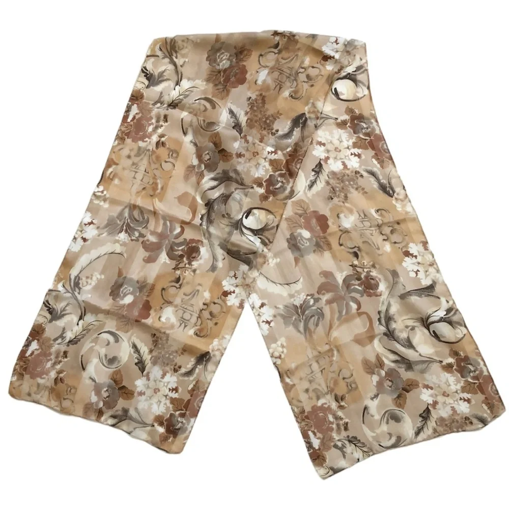 Vintage Oblong Brown, Tan & Cream Floral Scarf